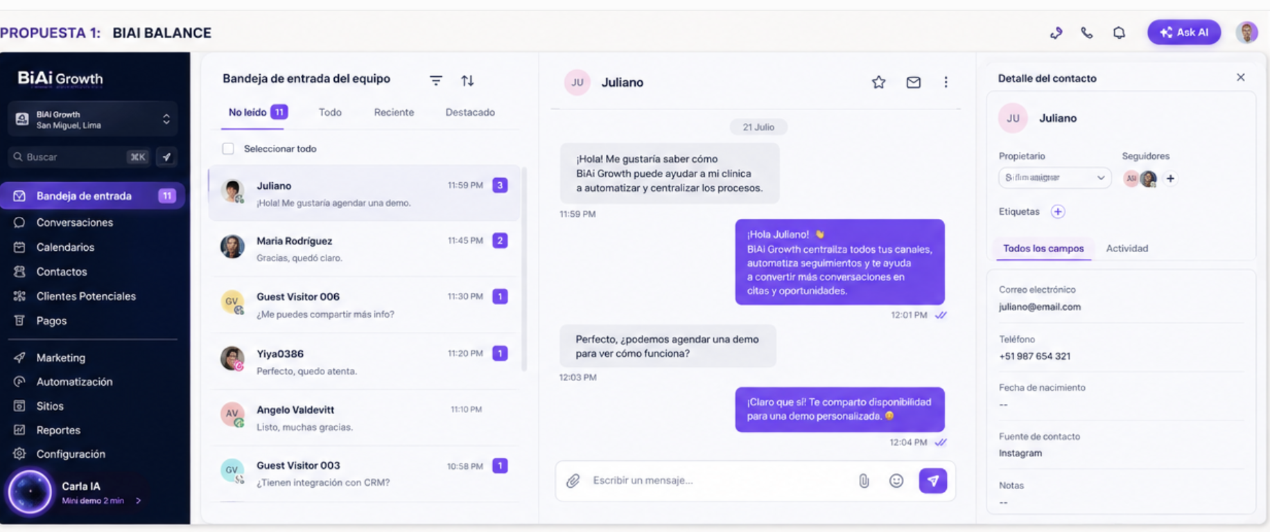 Bandeja de conversaciones de BiAi Growth